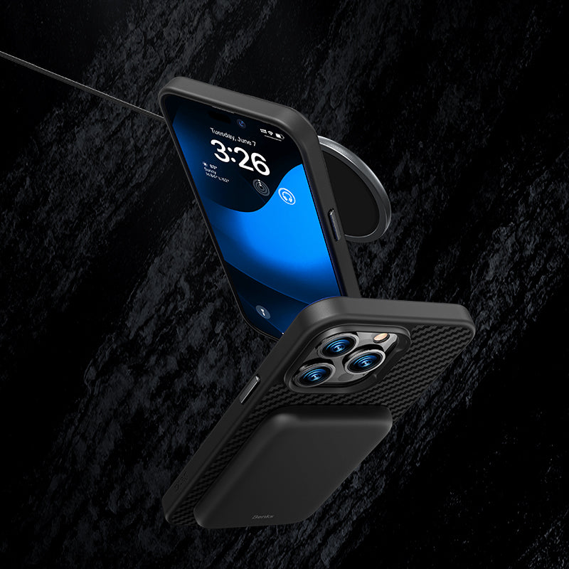 iPhone 14 Plus Kılıf Karbon Fiber Magsafe Şarj Özellikli Benks Hybrid ArmorPro 1500D Kevlar Kapak