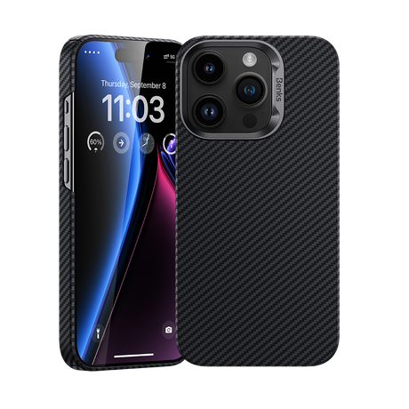 iPhone 14 Pro Kılıf Magsafe Şarj Özellikli Karbon Fiber Benks MFM Lisanslı 600D Essential Kevlar Kapak