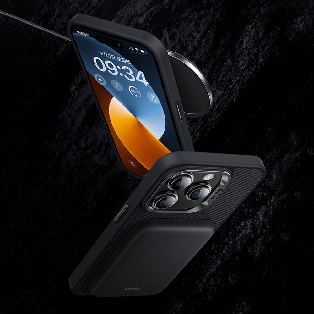 iPhone 14 Pro Max Kılıf Karbon Fiber Magsafe Şarj Özellikli Benks Hybrid ArmorPro 600D Kevlar Kapak