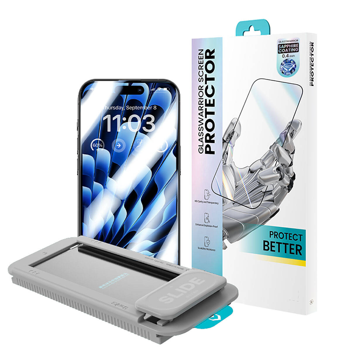 iPhone 14 Pro / 15 uyumlu Benks Glass Warrior Safir Coating Ekran Koruyucu + Kolay Uygulama Aparatlı