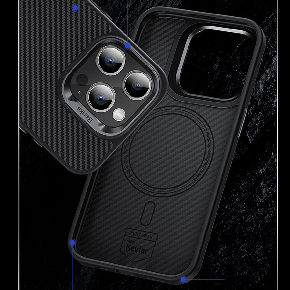iPhone 15 Kılıf Karbon Fiber Magsafe Şarj Özellikli Benks Hybrid ArmorPro 600D Kevlar Kapak