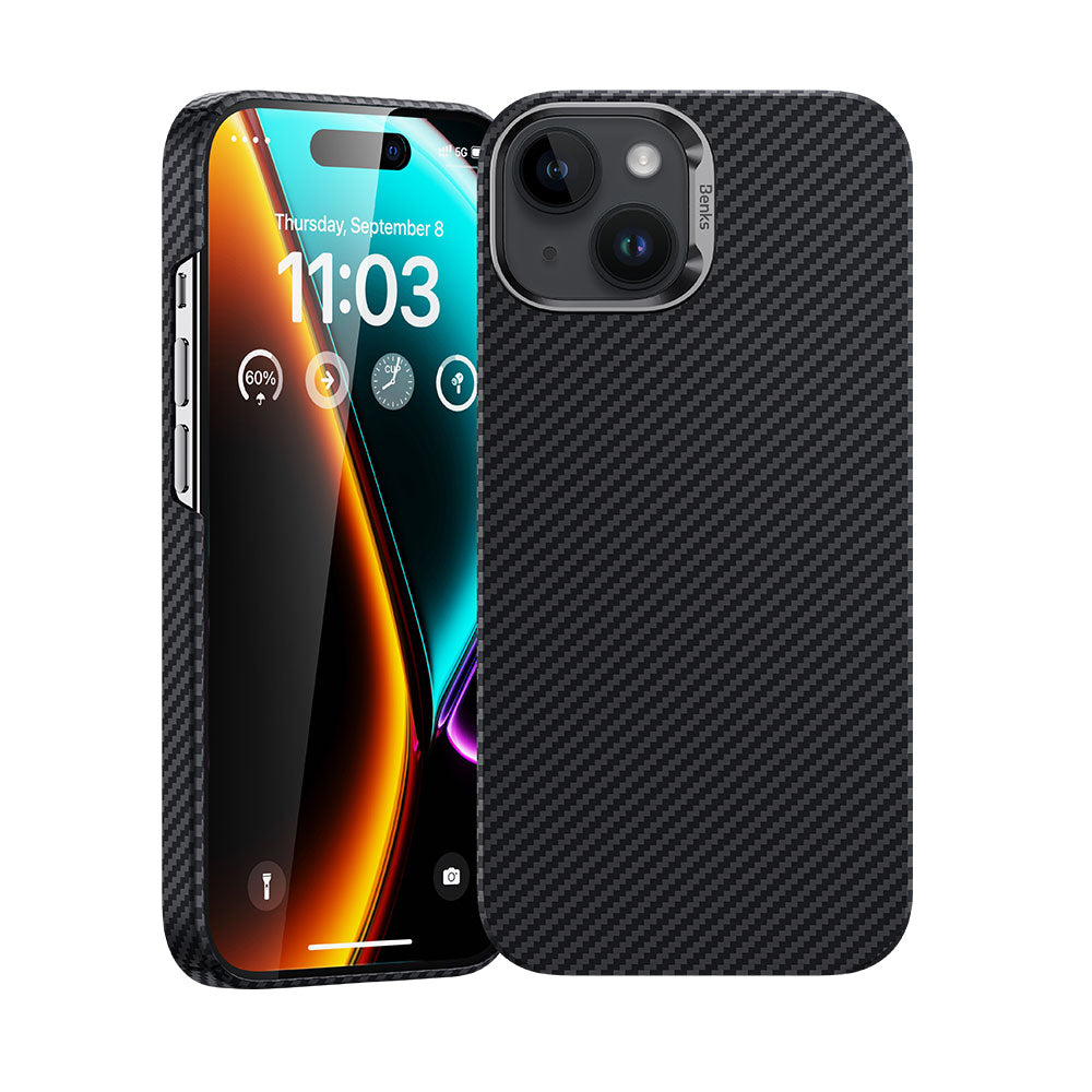 iPhone 15 Plus Kılıf Magsafe Özellikli Karbon Fiber Benks Hybrid ArmorAir 600D Kevlar Kapak