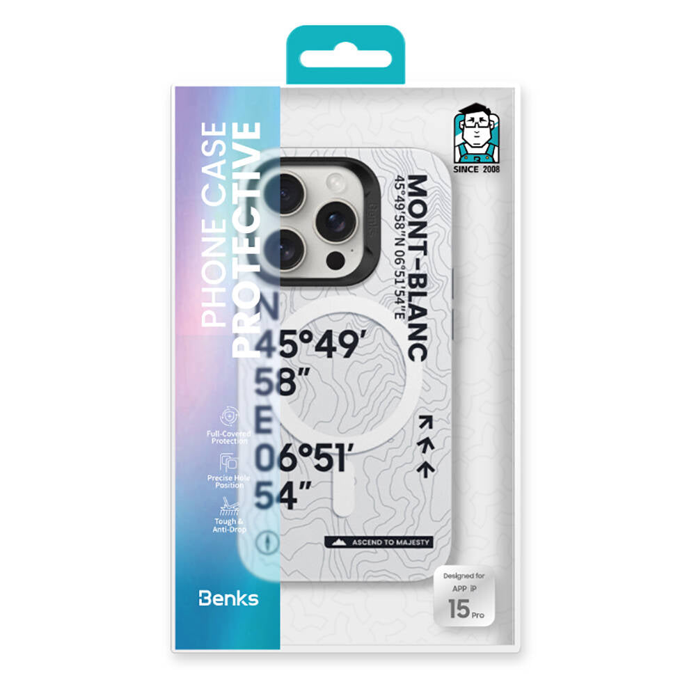 iPhone 15 Pro Kılıf Magsafe Şarj Özellikli Koordinat Yazı Desenli Benks Summit Serisi Kapak