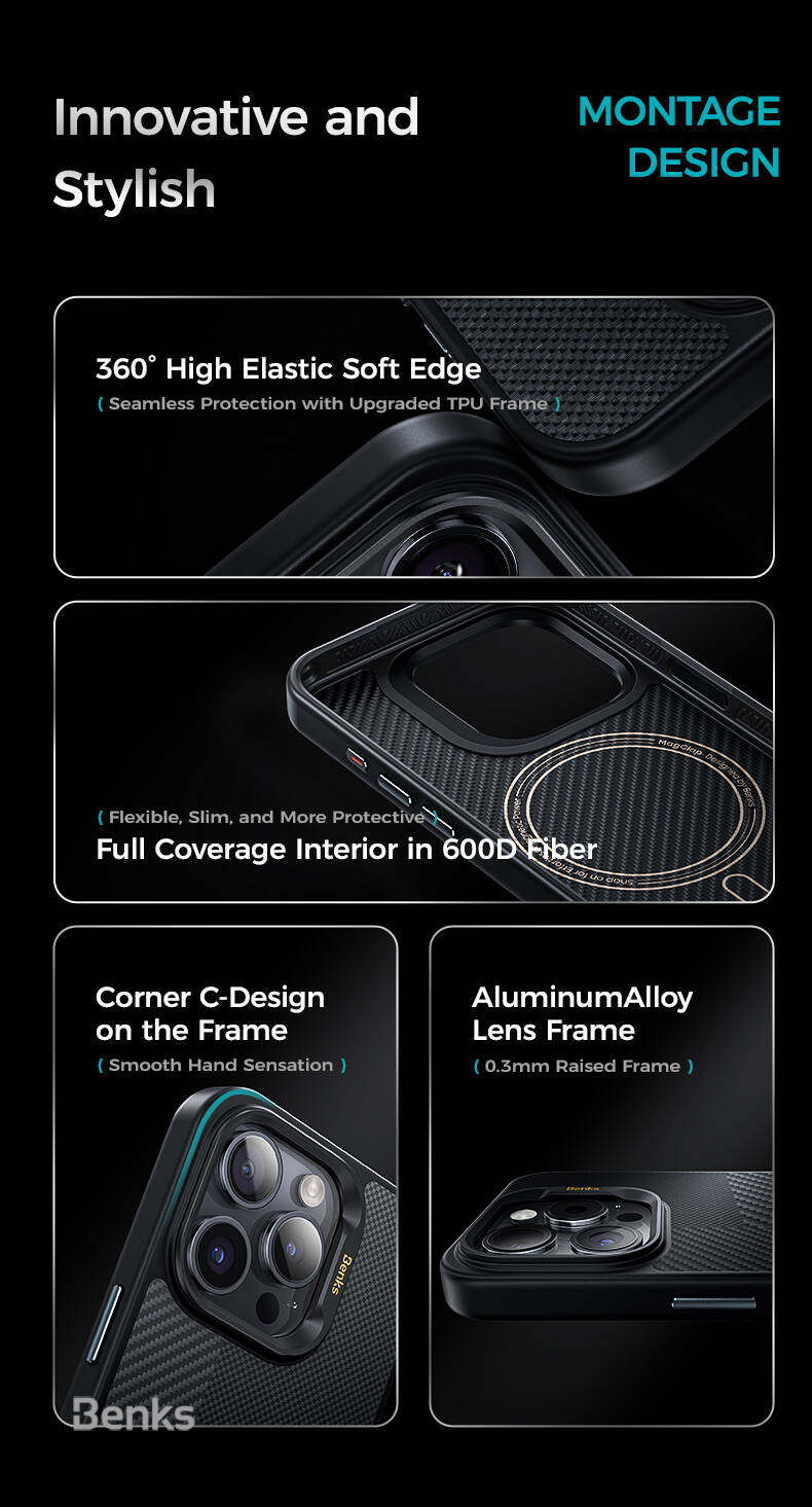 iPhone 15 Pro Max Kılıf Magsafe Şarj Özellikli Karbon Fiber Benks Montage ArmorPro Kevlar Kapak