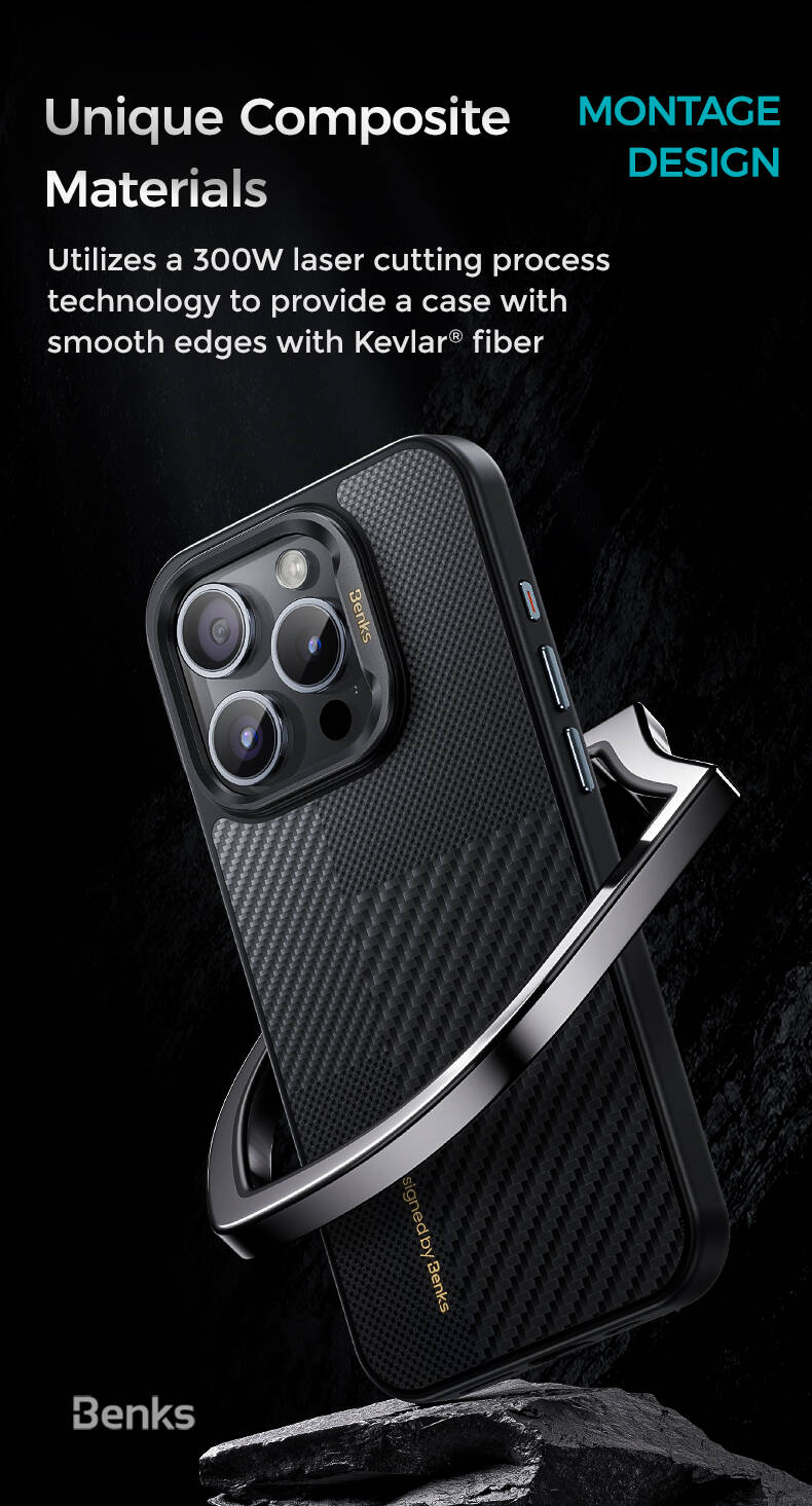 iPhone 15 Pro Max Kılıf Magsafe Şarj Özellikli Karbon Fiber Benks Montage ArmorPro Kevlar Kapak