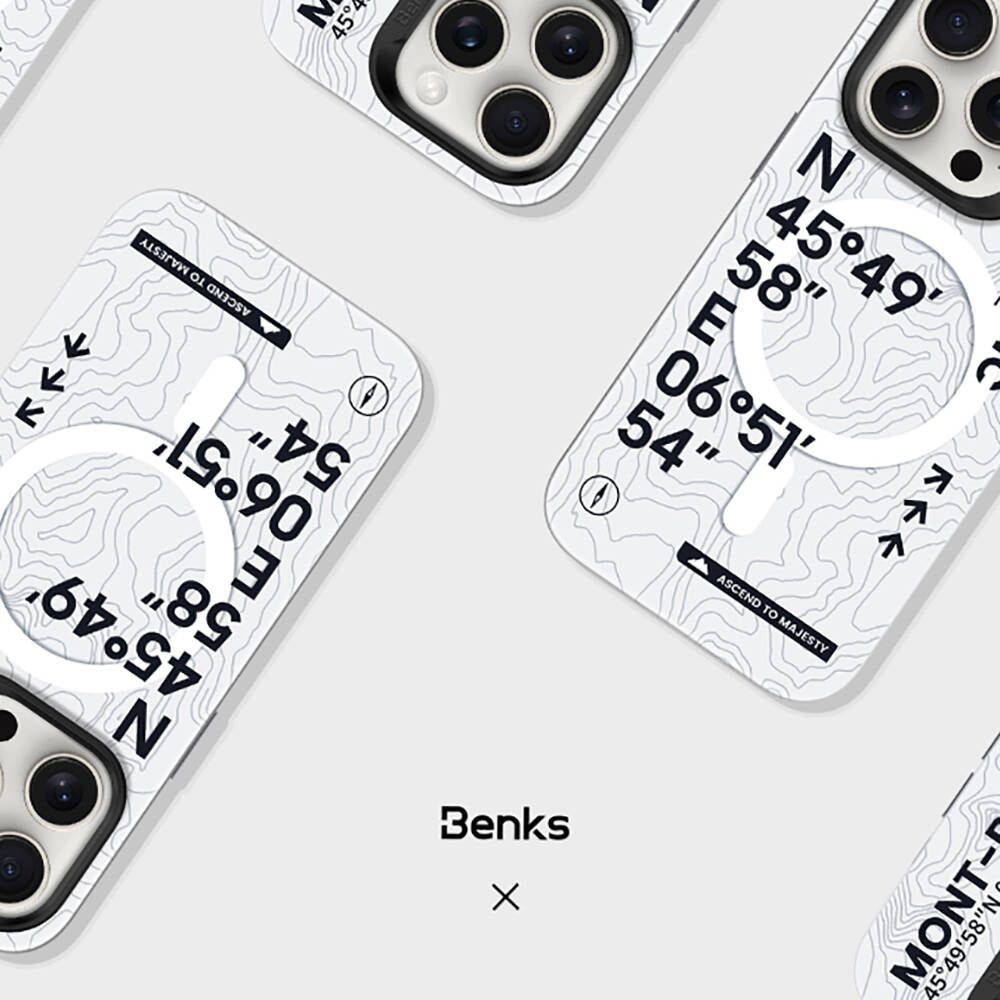 iPhone 15 Pro Max Kılıf Magsafe Şarj Özellikli Koordinat Yazı Desenli Benks Summit Serisi Kapak