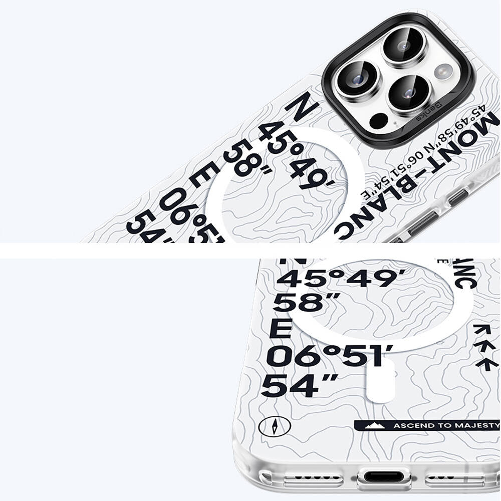 iPhone 16 Kılıf Magsafe Şarj Özellikli Koordinat Yazı Desenli Benks Summit Serisi Kapak