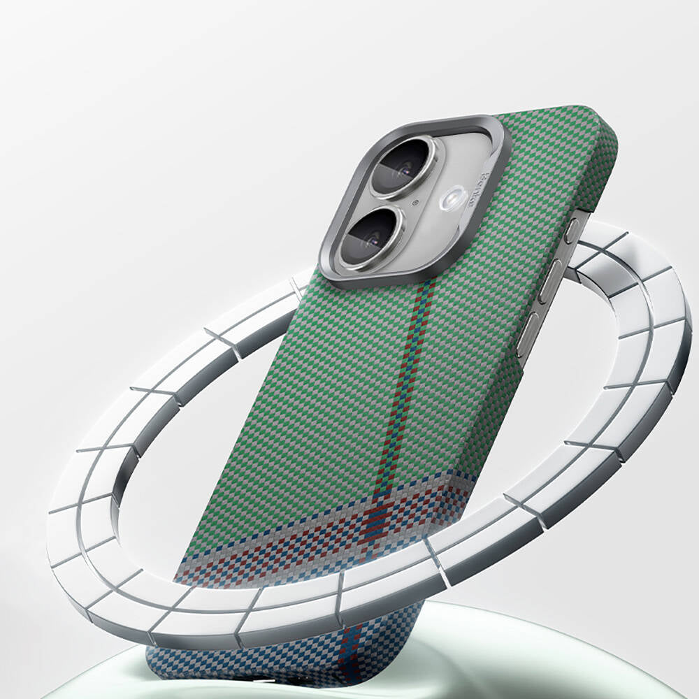 iPhone 16 Plus Kılıf Magsafe Şarj Özellikli Karbon Fiber Tasarımlı Benks Passion Green ArmorAir Kevlar Kapak