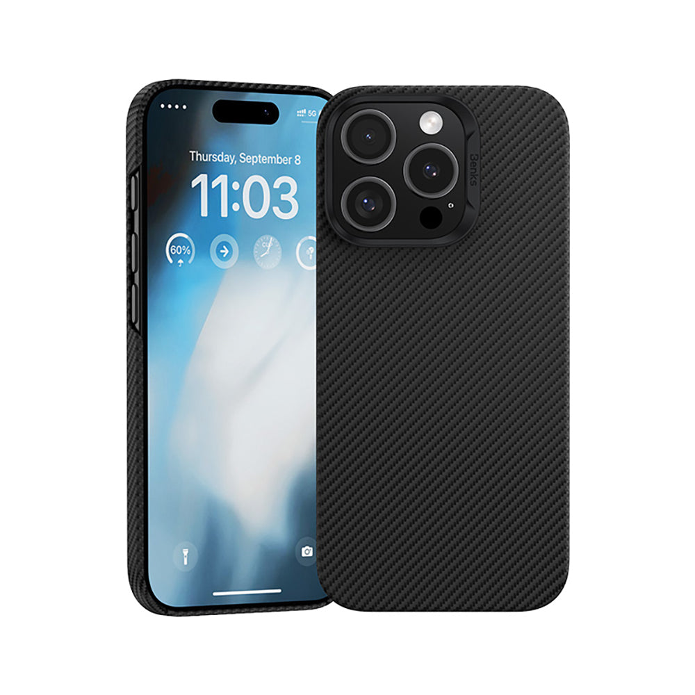 iPhone 16 Pro Kılıf Benks M-safe Şarj Özellikli Metal Kamera Çerçeveli Magnetik ArmorAir 600D Kevlar Fiber Kapak