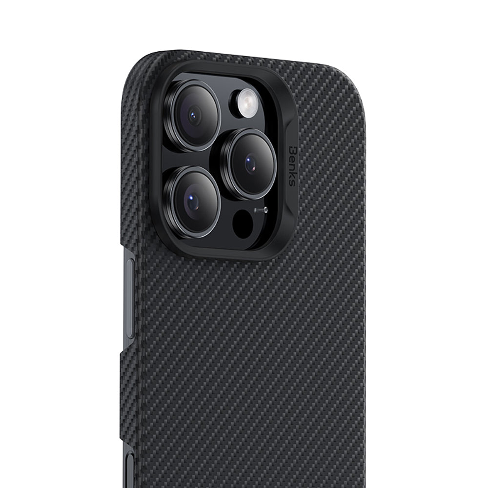 iPhone 16 Pro Kılıf Benks M-safe Şarj Özellikli Metal Kamera Çerçeveli Magnetik ArmorAir 600D Kevlar Fiber Kapak