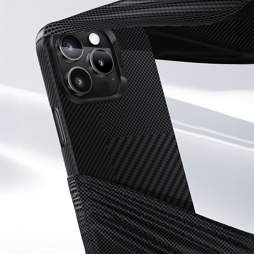 iPhone 16 Pro Kılıf M-safe Şarj Özellikli Karbon Fiber Metal Kamera Çerçeveli Benks Montage ArmorAir Kevlar Kapak