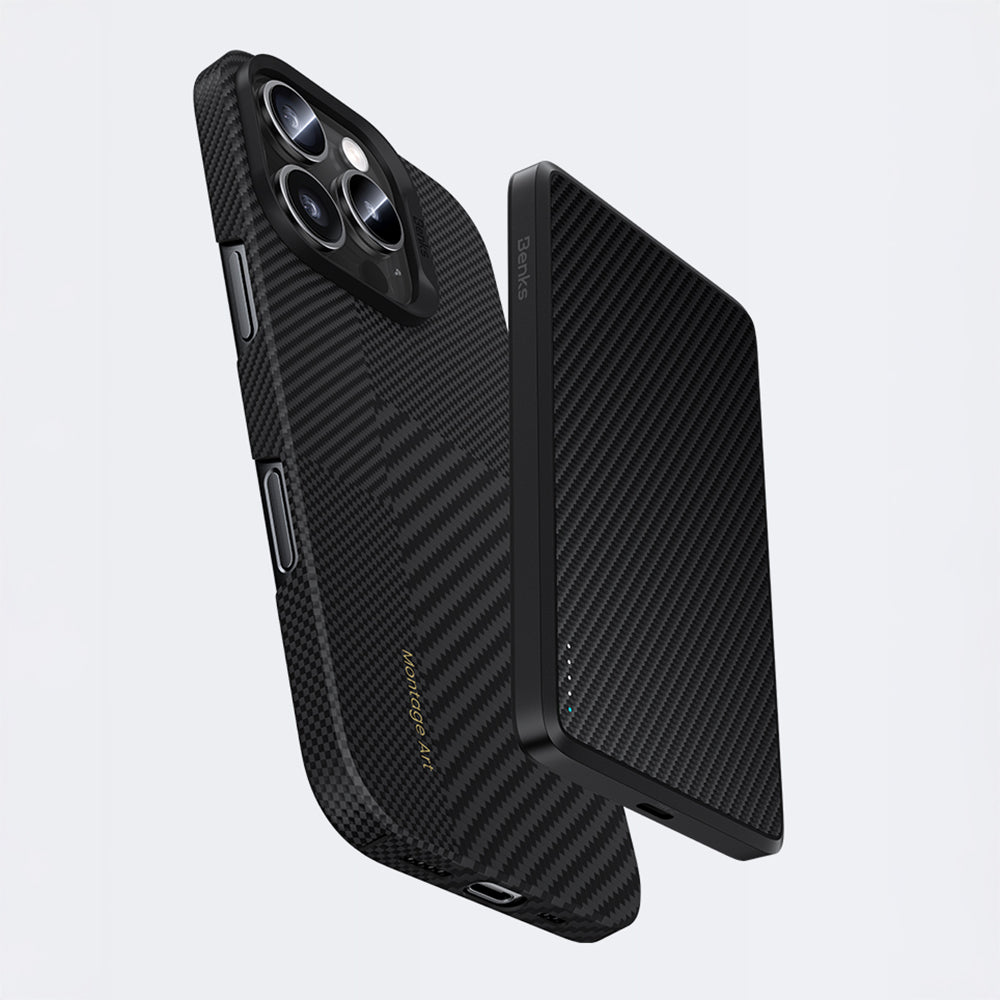 iPhone 16 Pro Kılıf M-safe Şarj Özellikli Karbon Fiber Metal Kamera Çerçeveli Benks Montage ArmorAir Kevlar Kapak