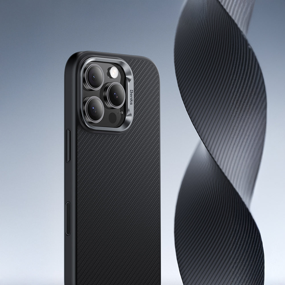 iPhone 16 Pro Max Kılıf Karbon Fiber M-safe Şarj Özellikli Kamera Kontrol Butonlu Benks Hybrid ArmorPro 600D Kevlar Kapak