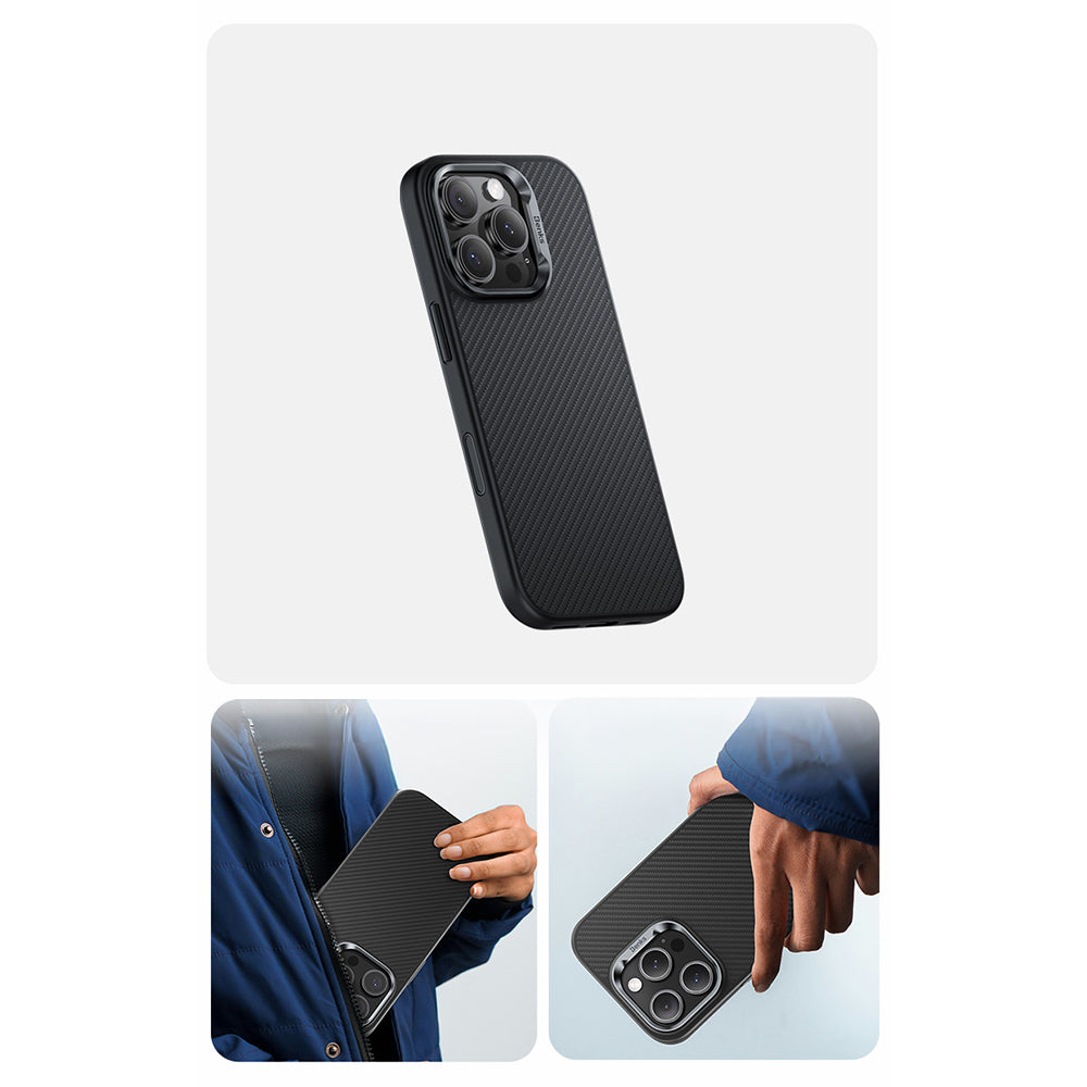 iPhone 16 Pro Max Kılıf Karbon Fiber M-safe Şarj Özellikli Kamera Kontrol Butonlu Benks Hybrid ArmorPro 600D Kevlar Kapak