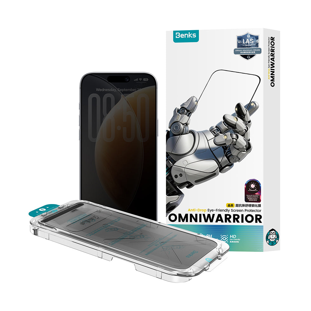 iPhone 16 Pro / 17 uyumlu Benks OmniWarrior Anti-Drop Privacy Cam Ekran Koruyucu + Kolay Uygulama Aparatlı