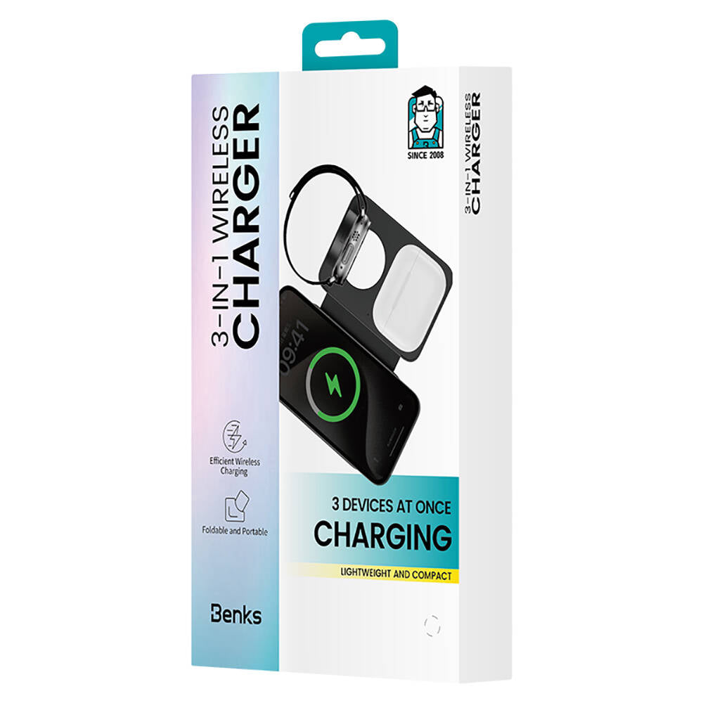 Benks W12-01 Telefon & Akıllı Saat & Kulaklık İçin 15W 3 in 1 Katlanabilir Magnetik Kablosuz Şarj Standı