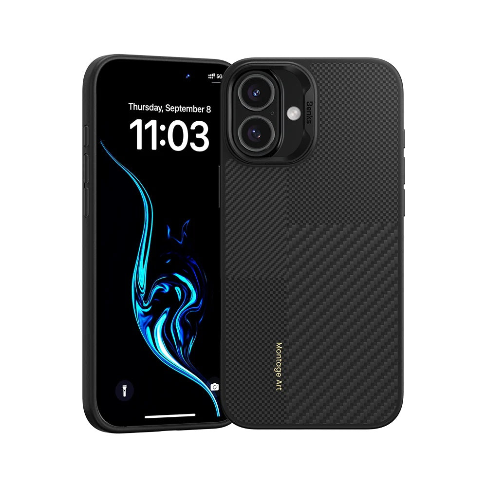 iPhone 16 Plus Kılıf Magsafe Şarj Özellikli Karbon Fiber Benks Montage ArmorPro Kevlar Kapak