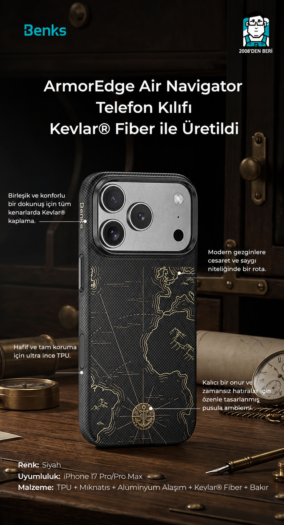 iPhone 17 Pro uyumlu Kılıf MagSafe Şarj Özellikli Benks ArmorEdge Air Navigator ArmorPro Kevlar Kapak
