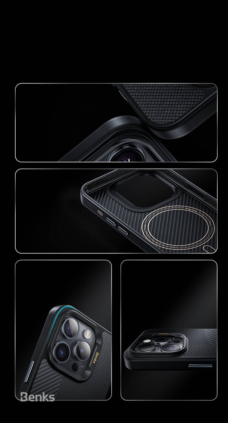 iPhone 15 Pro Kılıf Magsafe Şarj Özellikli Karbon Fiber Benks Montage ArmorPro Kevlar Kapak