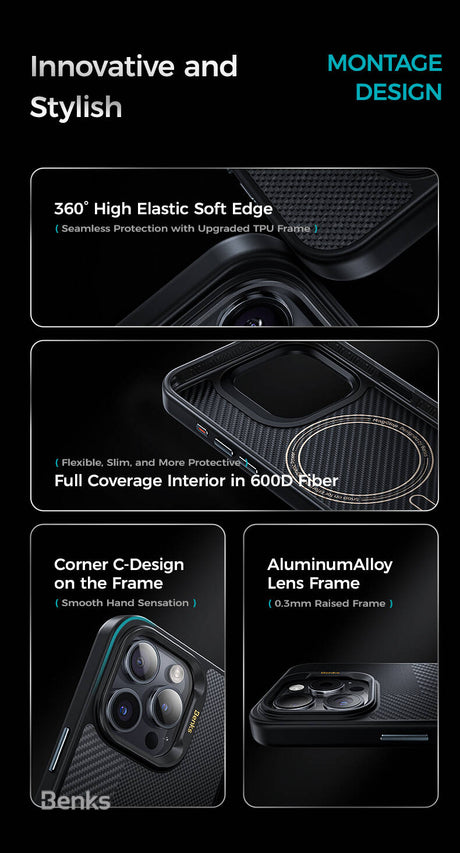 iPhone 15 Pro Max Kılıf Magsafe Şarj Özellikli Karbon Fiber Benks Montage ArmorPro Kevlar Kapak