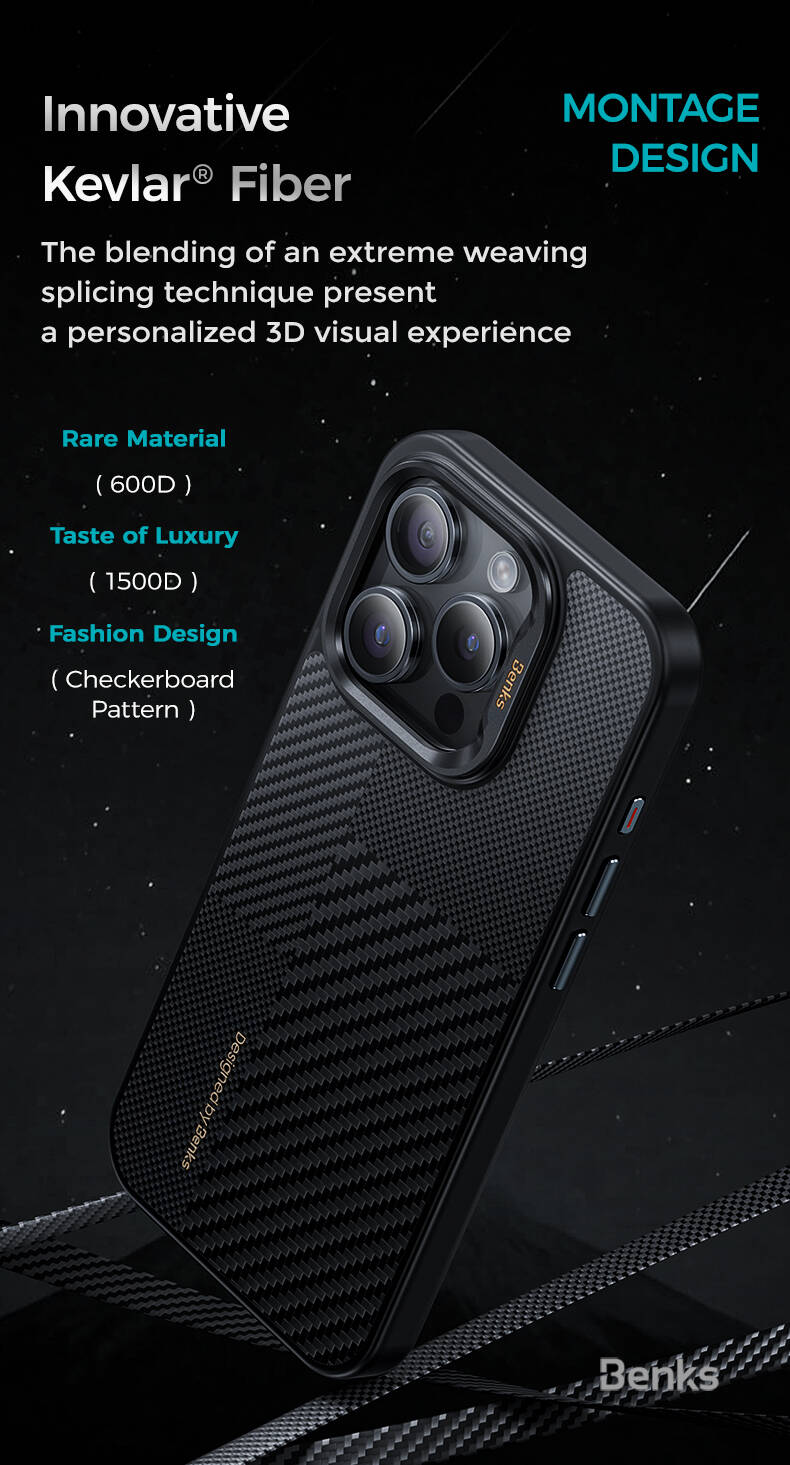 iPhone 15 Pro Max Kılıf Magsafe Şarj Özellikli Karbon Fiber Benks Montage ArmorPro Kevlar Kapak