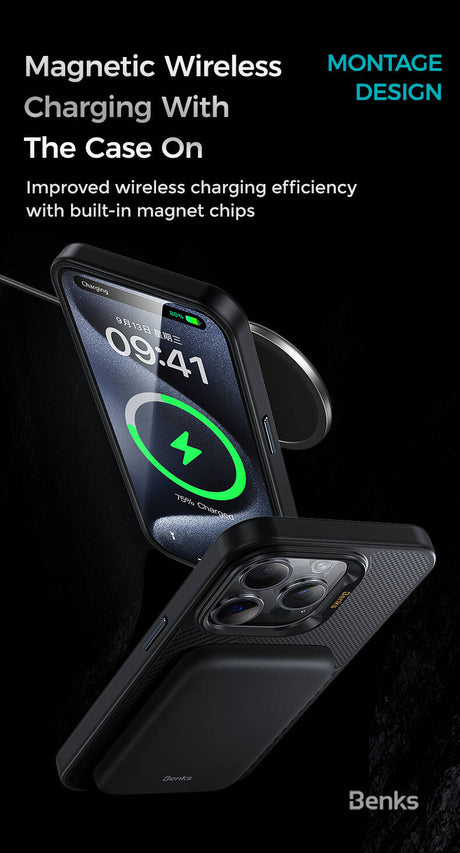 iPhone 15 Pro Max Kılıf Magsafe Şarj Özellikli Karbon Fiber Benks Montage ArmorPro Kevlar Kapak