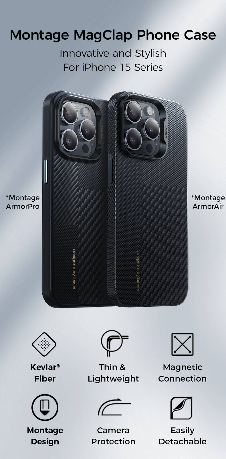 iPhone 15 Pro Max Kılıf Magsafe Şarj Özellikli Karbon Fiber Benks Montage ArmorPro Kevlar Kapak