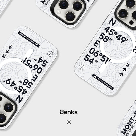 iPhone 15 Pro Max Kılıf Magsafe Şarj Özellikli Koordinat Yazı Desenli Benks Summit Serisi Kapak