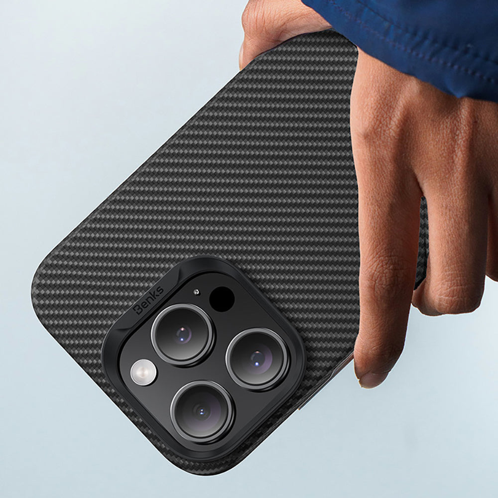 Apple iPhone 16 Pro Kılıf Benks M-safe Şarj Özellikli Metal Kamera Çerçeveli Magnetik ArmorAir 600D Kevlar Fiber Kapak
