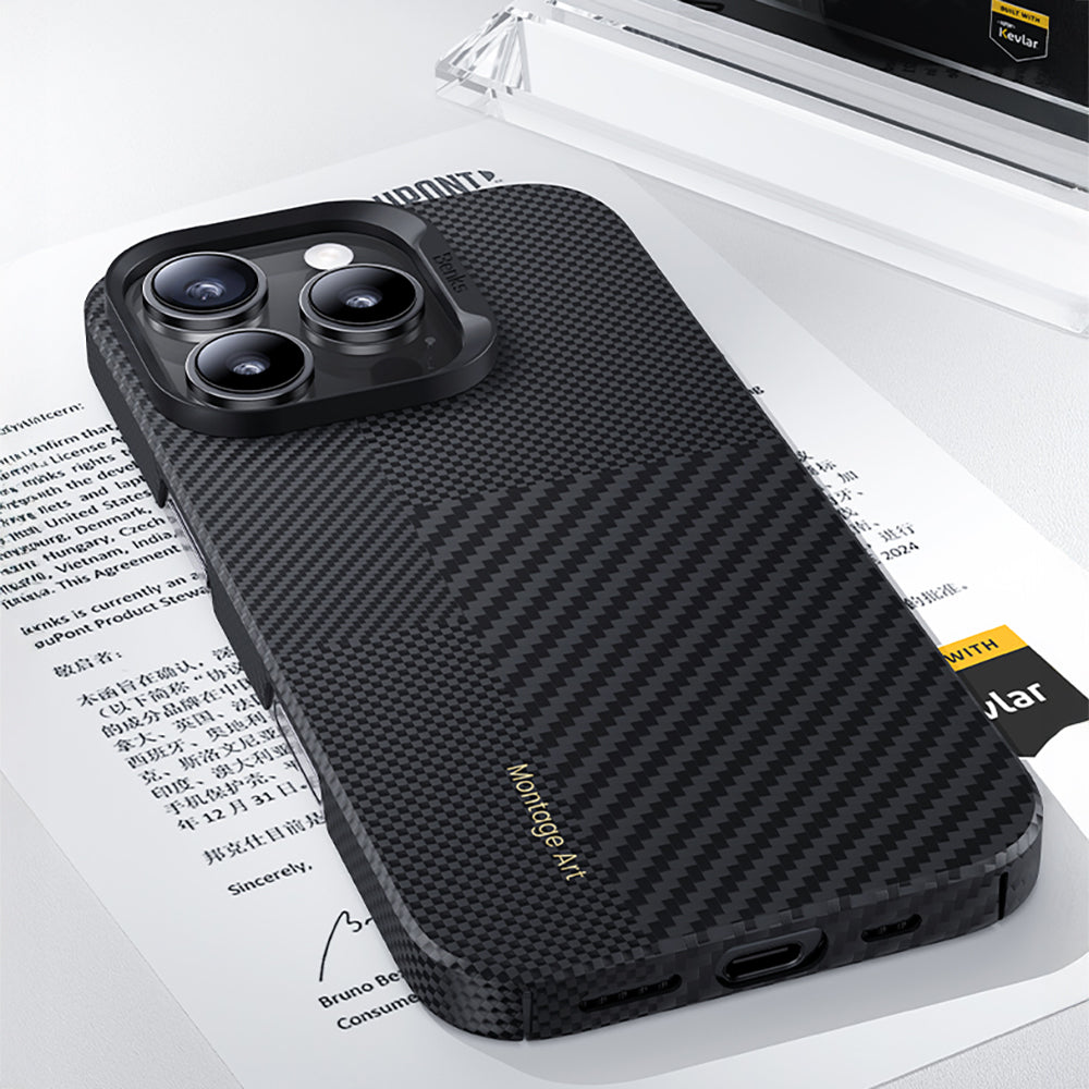 iPhone 16 Pro Kılıf M-safe Şarj Özellikli Karbon Fiber Metal Kamera Çerçeveli Benks Montage ArmorAir Kevlar Kapak