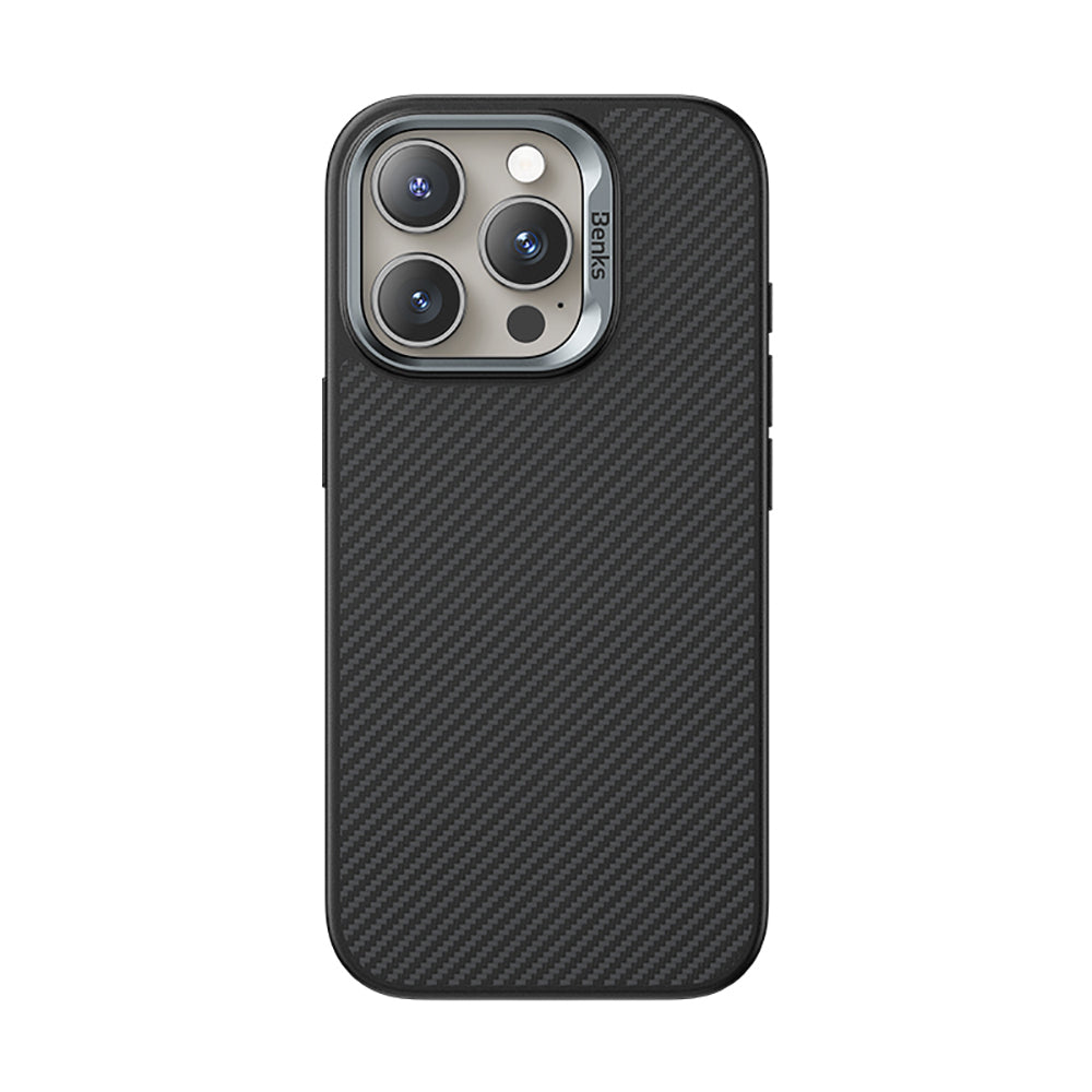 Apple iPhone 16 Pro Max Kılıf Karbon Fiber M-safe Şarj Özellikli Kamera Kontrol Butonlu Benks Hybrid ArmorPro 600D Kevlar Kapak