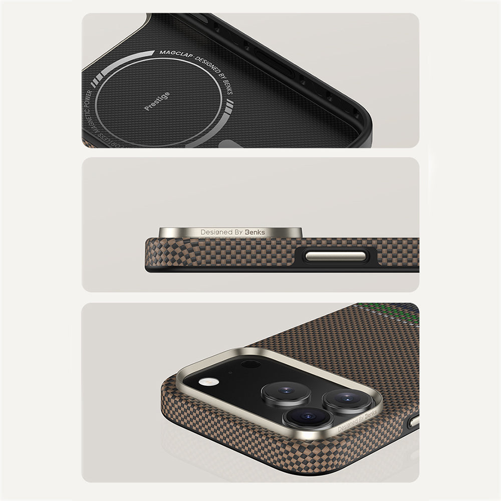 iPhone 17 Pro Max Kılıf M-safe Şarj Özellikli Karbon Fiber Tasarımlı Benks Prestige ArmorPro Kevlar Kapak